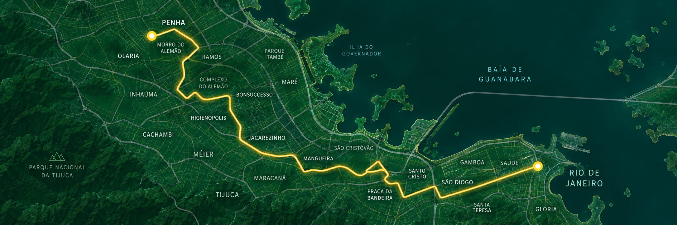 Mapa estilizado do trajeto Penha &rarr; Rio de Janeiro com os ônibus da Lourdes em tempo real